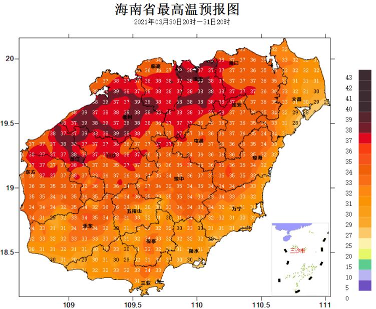海南省气象局2021年03月30日17时00分发布高温四级预警